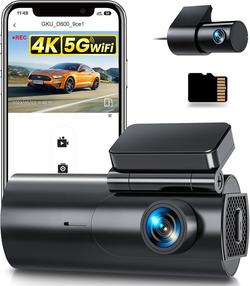 GKU 4K Dashcam Auto Vorne Hinten, 5GHz WiFi Dashcam mit 64GB SD Karte, Auto Kamera mit Parküberwachung, Super Nachtsicht, WDR, 170° Weitwinkel, G-Sensor, Loop-Aufnahme, APP Steuerung, Max 256GB