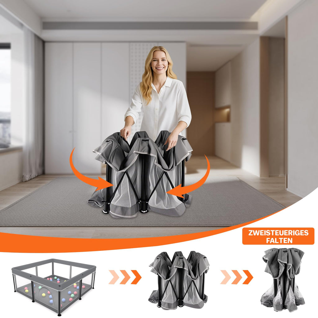 Laufstall Baby Faltbar Playpen with Mat - 127x127CM-Laufgitter, Schneller Aufbau, Sicher & Tragbar für drinnen & draußen (Grau)