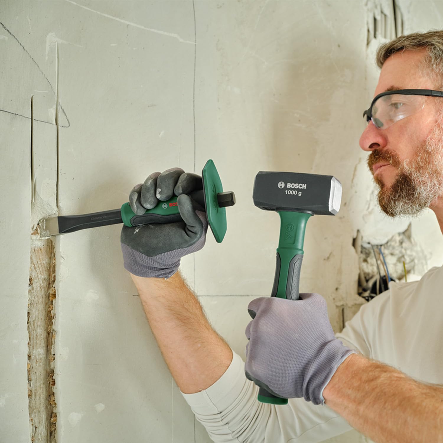 Bosch Fäustel 1000g (Heavy-Duty Hammer; große Schlagfläche; Robuster Kohlenstoffstahl; Symmetrischer Kopf; Softgrip-Handgriff mit Glasfaserkern für komfortables Arbeiten mit geringer Vibration)