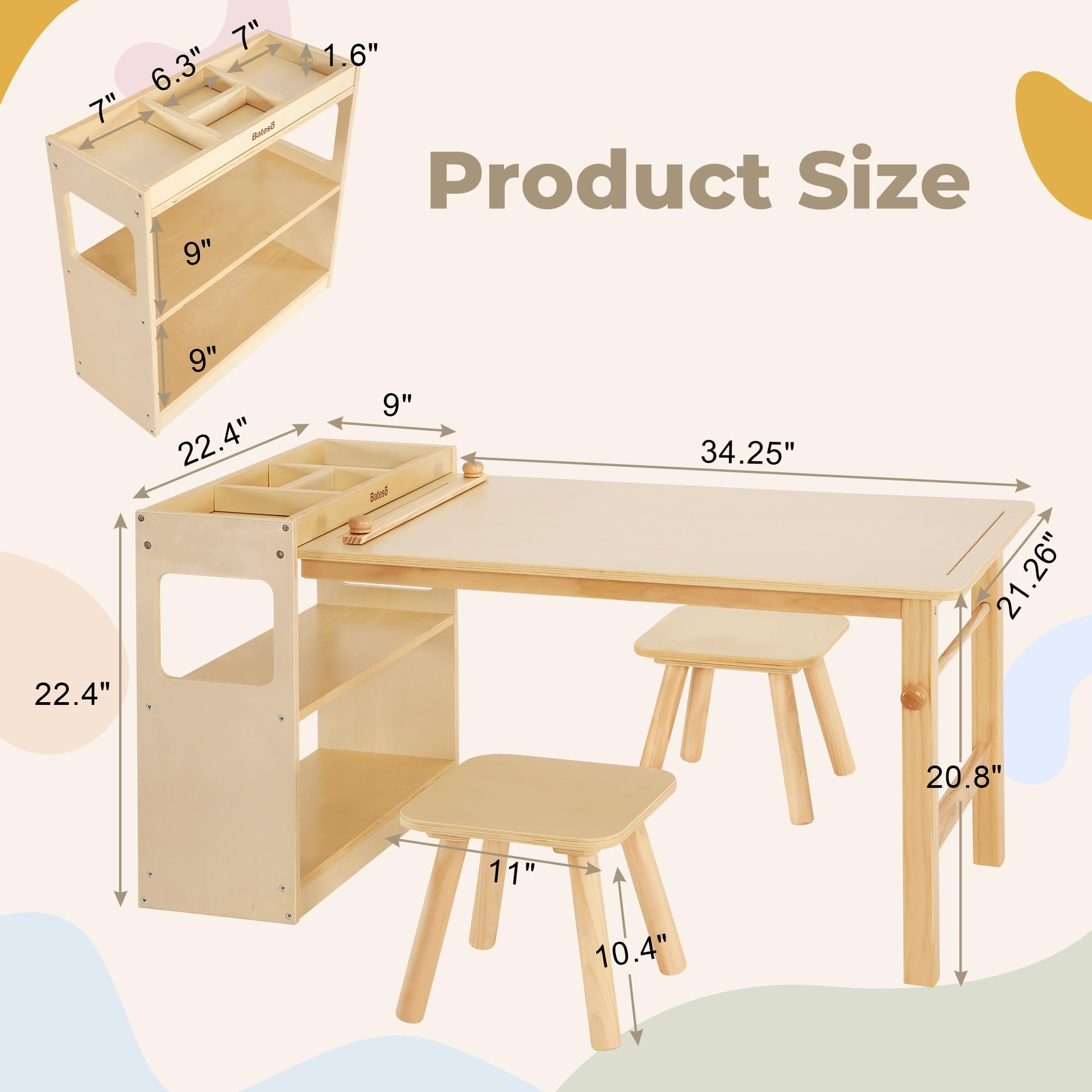 Bateso Kinder-Kunsttisch & 2 Stühle Set mit Rollenpapier - Geräumiger Basteltisch mit Ablageflächen zum Zeichnen, Arbeiten und Lernen - Ideale Holzmöbel für kreatives Spielen