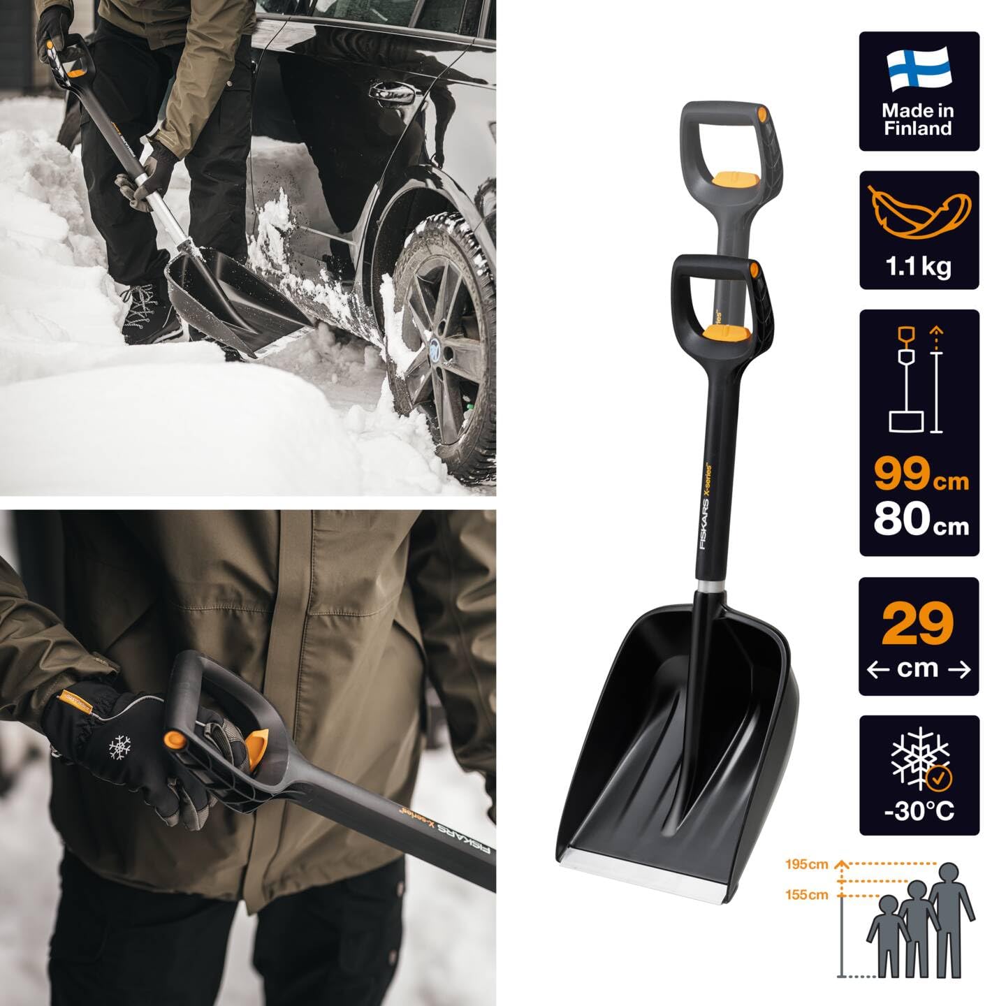 Fiskars Auto-Schneeschaufel, X-series, Teleskopierbar, Länge: 79,5-98,7 cm, Aluminium/Stahl/Kunststoff, Schwarz/Silber, 1057187