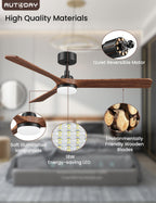AUTODAY Holz Deckenventilator mit Beleuchtung leiser Gleichstrommotor 132 cm deckenventilator outdoor 3 hölzern flügel dimmbarem LED 24W fernbedienung mit Memory-Funktion 6 Geschwindigkeiten Timer