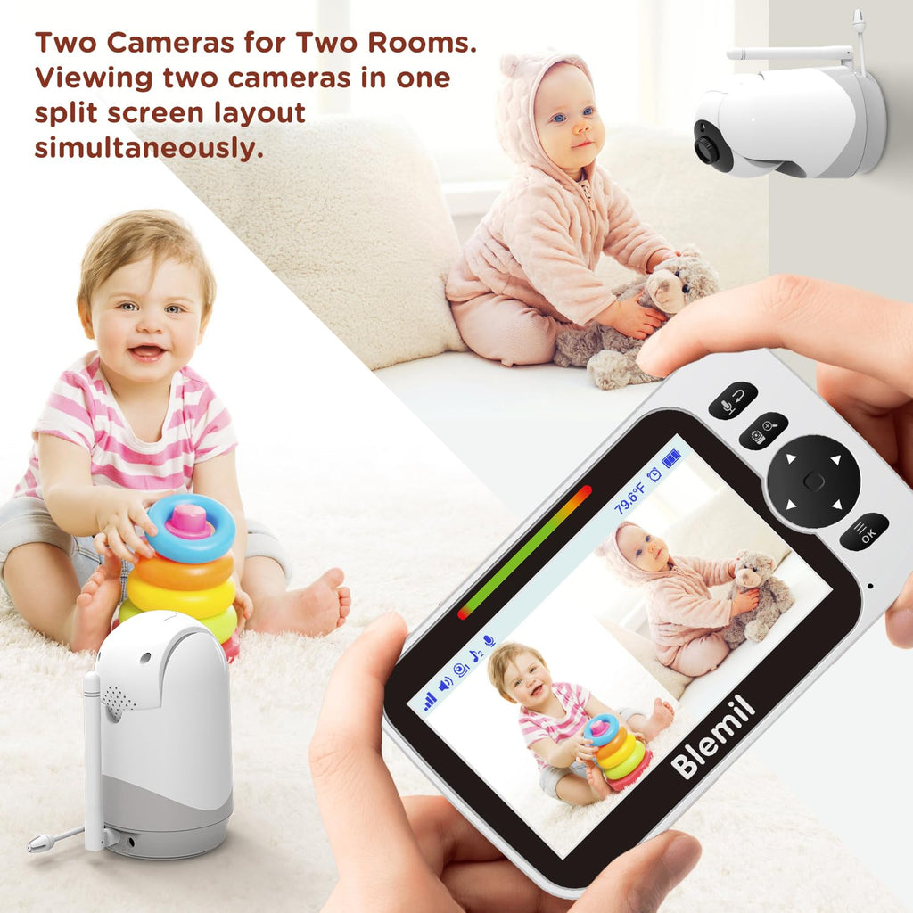 Blemil Babyphone mit Kamera und Audio 30 Stunden wiederaufladbare Batterie, 5" großer Bildschirm, ferngesteuerte Schwenk-/Neige-/Zoom-Kamera, Zwei-Wege-Gespräch, Nachtsicht, kein WiFi