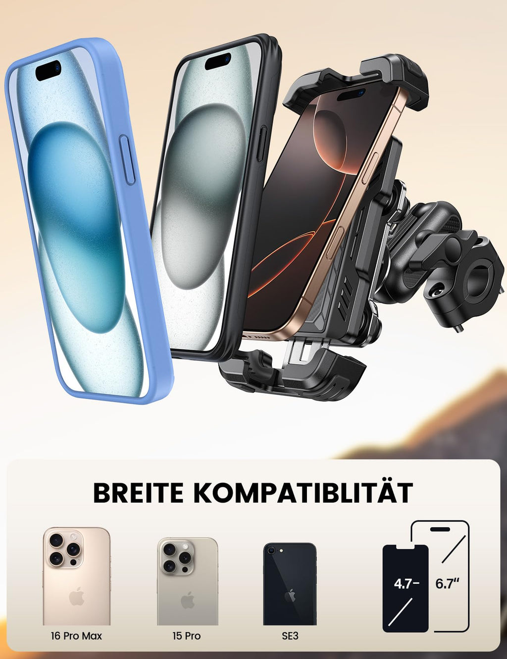 Lamicall Motorrad Handyhalterung Fahrrad Handyhalter - [720° Drehbarer Metall-Arm] Doppelte Vibrationsgedämpft Handy Halterung Motorrad, Diebstahlsicher Lenker Motorradhalterung für iPhone 17/16/15/14