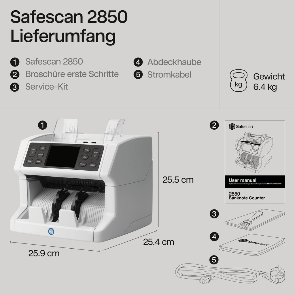 Safescan 2850 Geldzählmaschine, zählt sortierte Banknoten - Banknotenzähler mit 3-facher Echtheitsprüfung - Geldzählmaschine mit mehrsprachiger Benutzeroberfläche