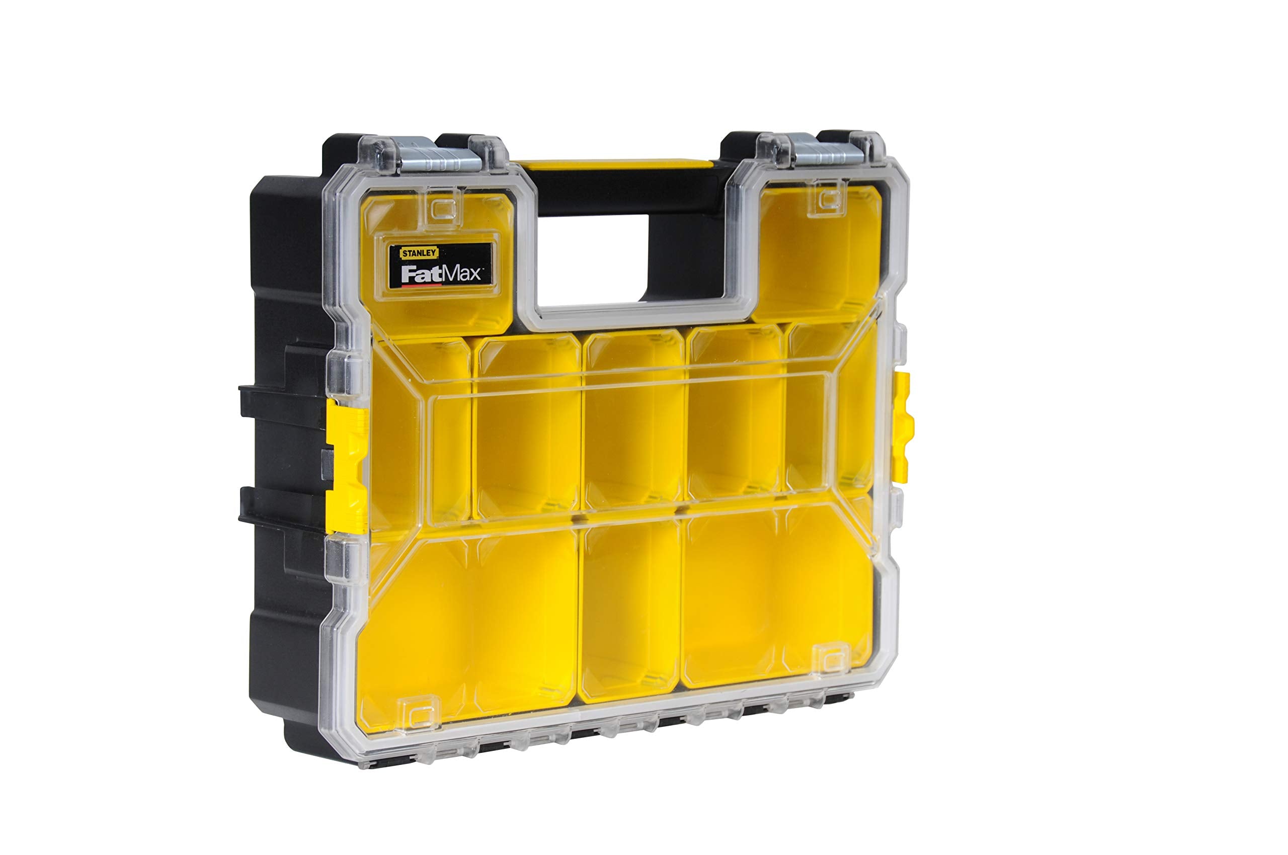 STANLEY FATMAX Profi Werkzeug-Organizer (45 x 12 x 36 cm, tiefe Fächer, mit transparentem, schlagfestem Deckel, integriertem Griff & Metallschließen, 10 herausnehmbare Boxen) 1-97-518