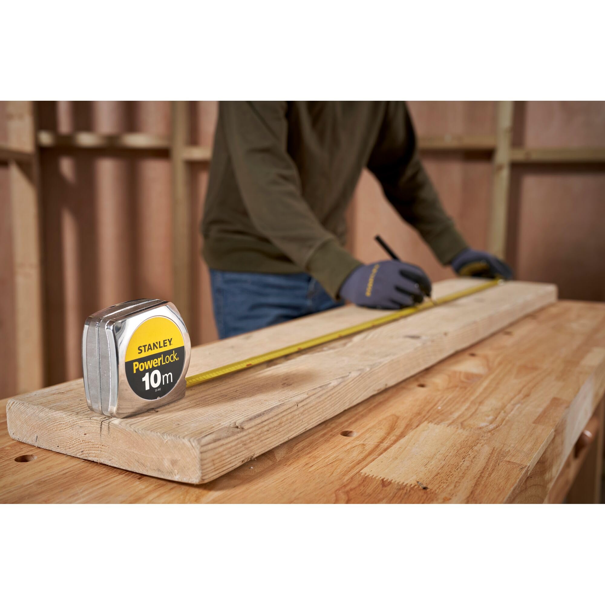 STANLEY Maßband Bandmaß Powerlock (Kunststoffgehäuse, Maßband 10 m Länge, 25 mm Breite, metrische Skalierung, Gürtelclip) 1-33-442