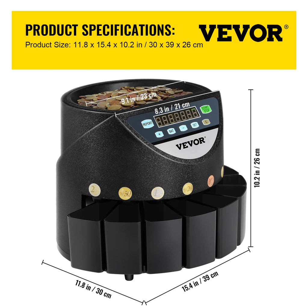 VEVOR Geldzählmaschine münzen 220 V, Kleingeld Sortierer 300 Münzen pro Min, Geldsortierer münzen 700 Münzen Kapazität, Münzzähler Euro Münzzählermaschine mit 8 Auffangboxen, Geldzähler, für U-Bahnen
