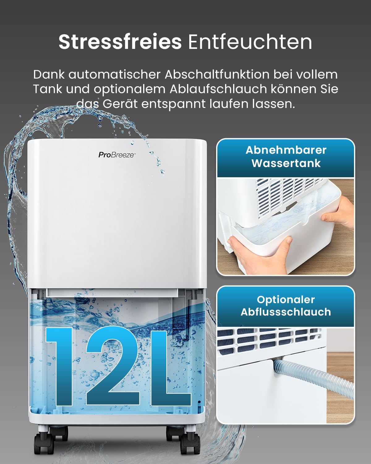 ProBreeze Luftentfeuchter 12L in 24h Entfeuchtungsleistung - Dehumidifier - Luftentfeuchter elektrisch mit 2L Wassertank, Wäschetrockner, automatischem Feuchtigkeitssensor, Timer - Gegen Schimmel