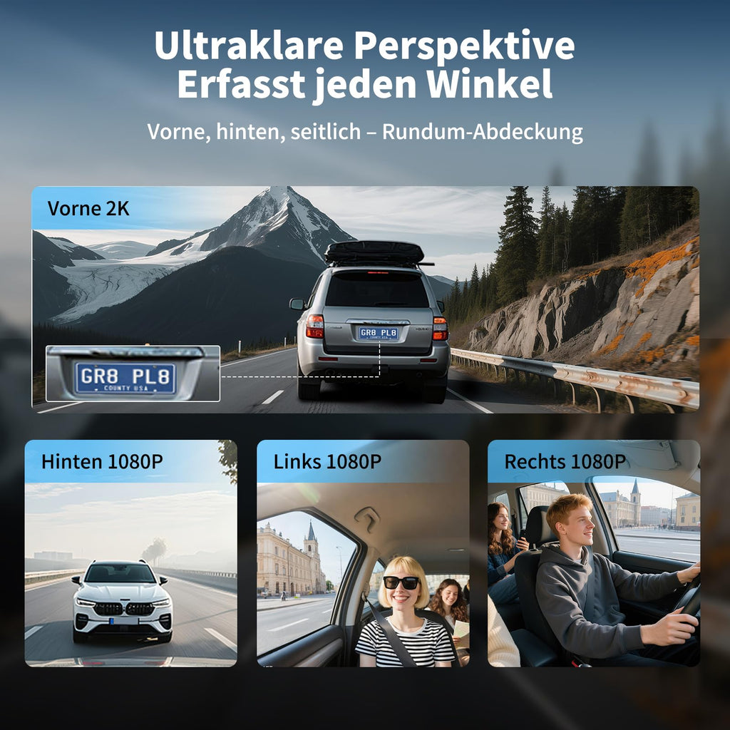 360° Dashcam Auto Vorne Hinten 2K/1080P, 4 Kanal Dash Cam Auto Kamera mit 64GB SD-Karte,3" IPS-Bildschirm,4X 140° Weitwinkel,WDR Nachtsicht (8 IR-LEDs),G-Sensor,24/7 Parkmodus,Loop-Aufnahme, WiFi App