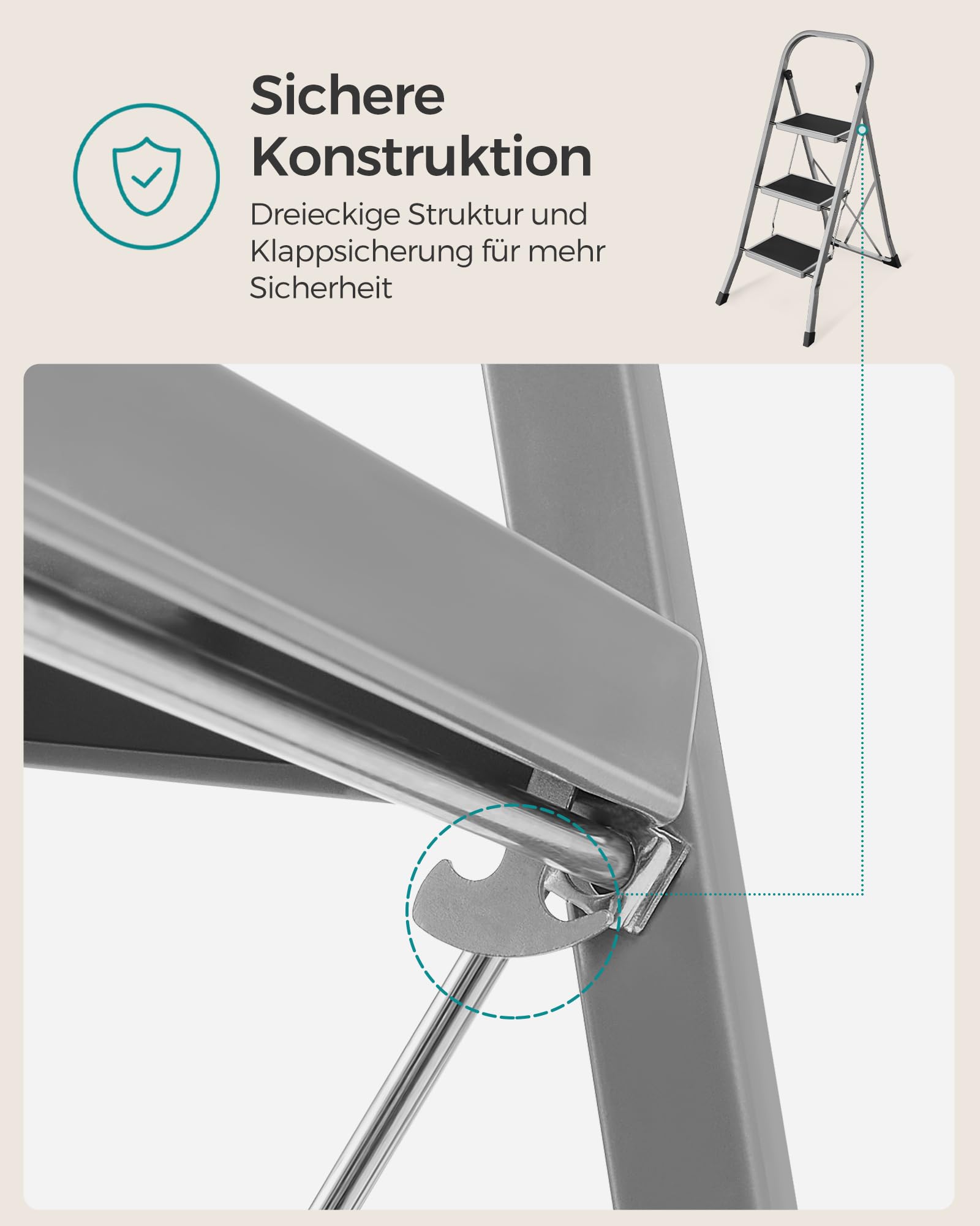 SONGMICS Trittleiter, Leiter mit 3 Stufen, Klapptritt, Klappsicherung, einfach zu verstauen, bis 150 kg belastbar, Taubengrau GSL003GY01