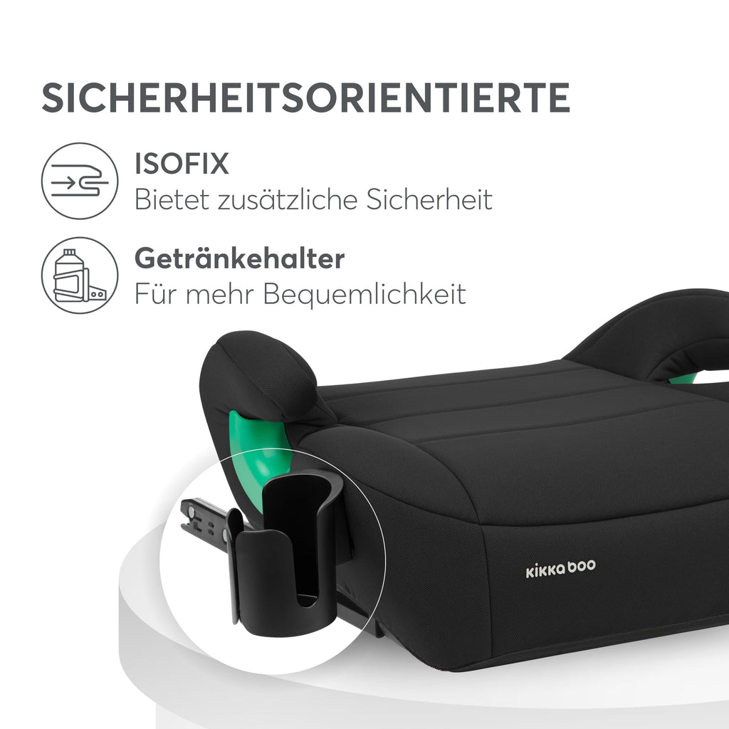 KikkaBoo i-Pop Kindersitzerhöhung Auto Kinder, i-Size, Isofix, 22-36 kg, Gruppe 3, 7-12 Jahre, Autositz Sitzerhöhung, Schwarz