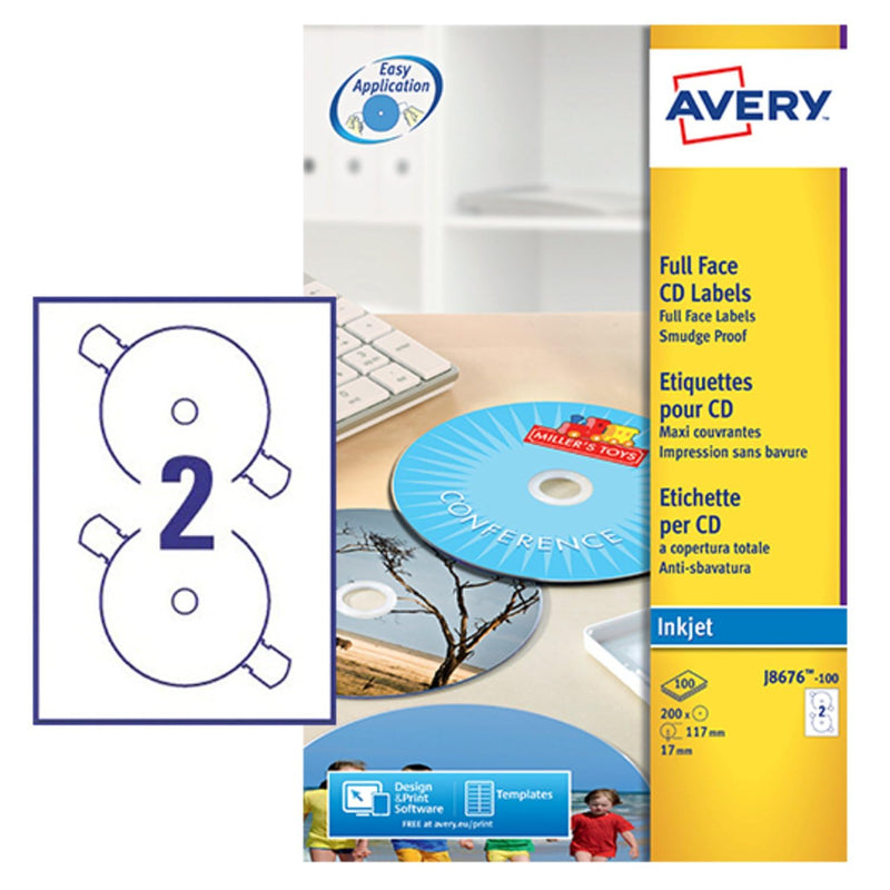 Avery Zweckform, J8676-100, CD-Etiketten, 100 Blatt, SuperSize-Spezialformat, bis 2880 dpi, schnell trocknend, spezielbeschichtet, ø 117 mm