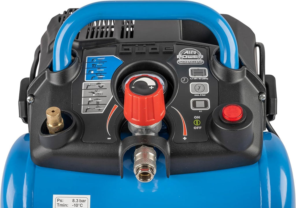 Güde Kompressor Airpower 190/08/6 (ölfrei, max. Druck 8 bar, Kessel 6 l, 1100 W, eff. Liefermenge 145 l/min, Druckminderer/Manometer/Kondensatablassschraube, inkl. 6-tlg. Zubehör, Testnote SEHR GUT)