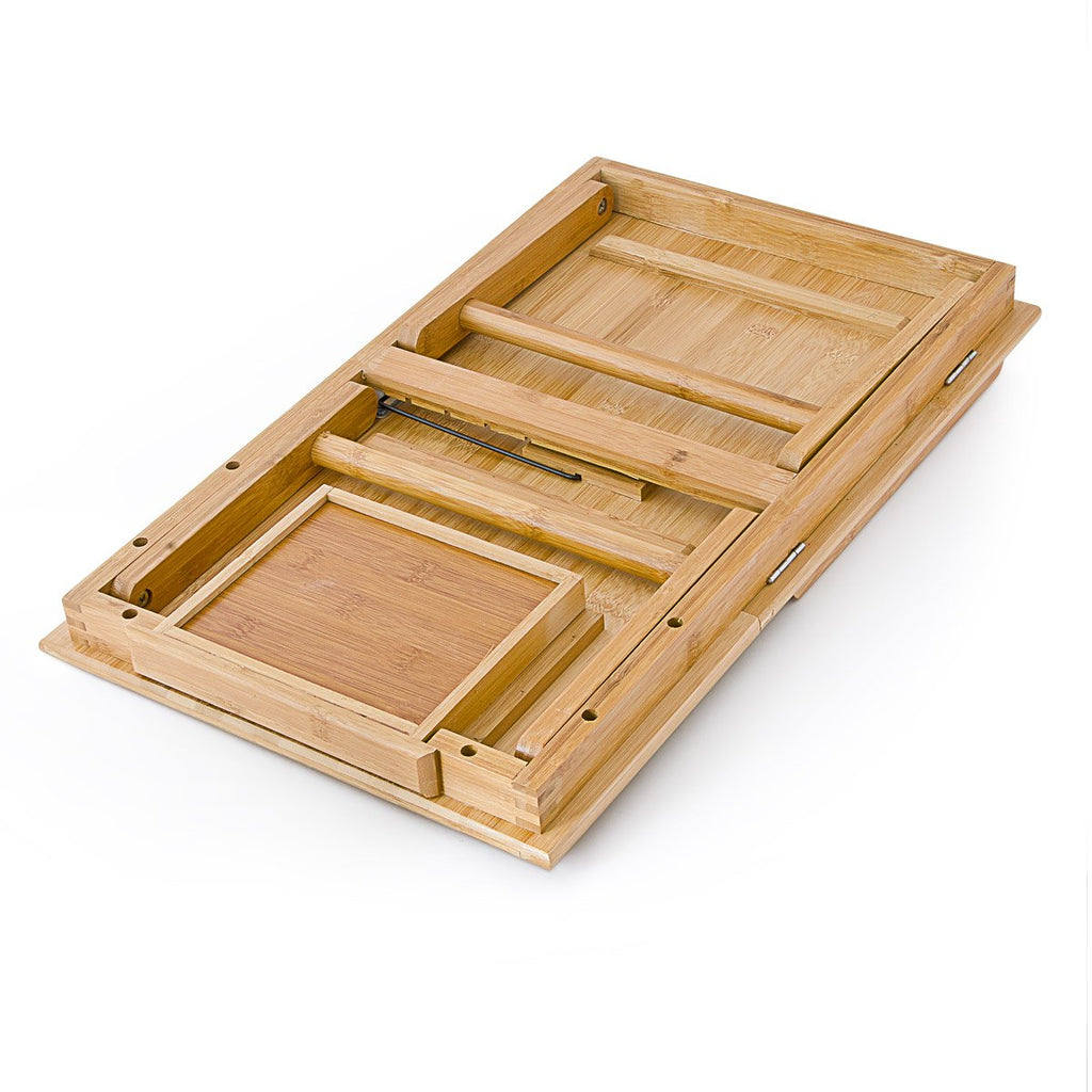 Relaxdays Laptoptisch aus Bambus HBT: 24 x 55 x 33 cm Beistelltisch mit praktischem Fach für Stifte oder Notizen verstellbarer Computertisch als Knietisch und Betttisch Notebooktisch aus Holz, natur