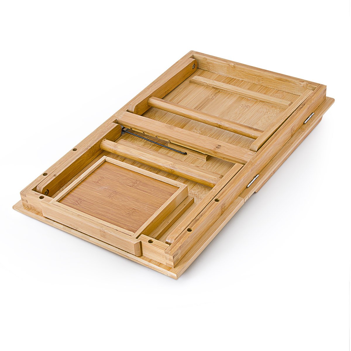 Relaxdays Laptoptisch aus Bambus HBT: 24 x 55 x 33 cm Beistelltisch mit praktischem Fach für Stifte oder Notizen verstellbarer Computertisch als Knietisch und Betttisch Notebooktisch aus Holz, natur
