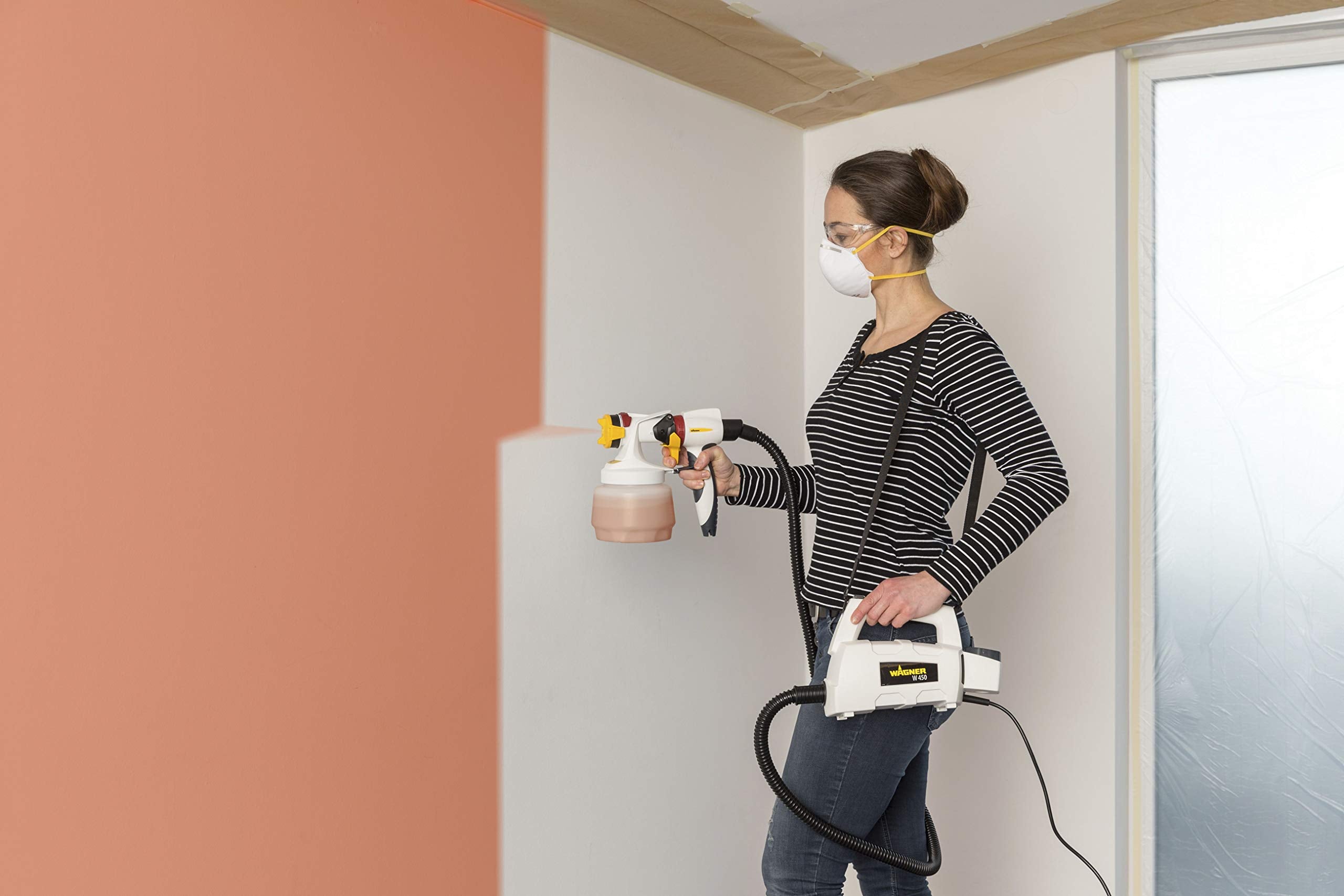 WAGNER Farbsprühsystem W 450 für Wand- und Latexfarben im Innenbereich, 15 m²-10 min, Behälter 1300 ml, 460 W, Schlauch 1,8 m