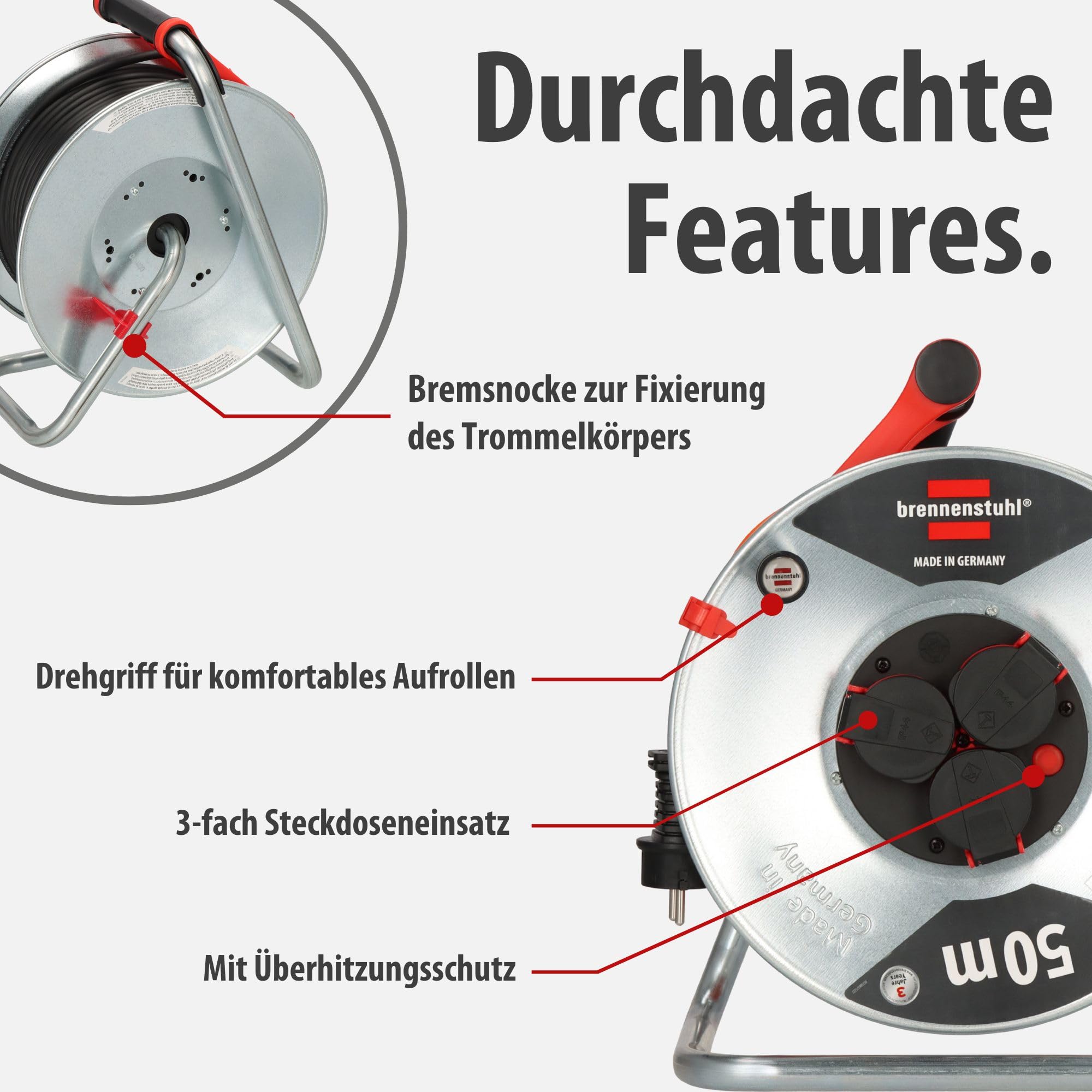 Brennenstuhl Garant S V2 IP44 Kabeltrommel 50m outdoor (Made in Germany, Kabel in Signalfarbe orange, Stahlblech, kurzfristiger Einsatz im Außenbereich)