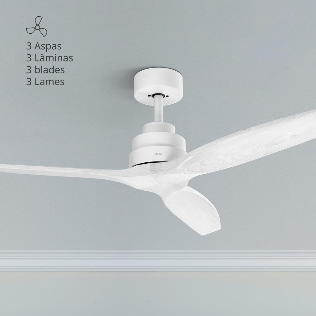 Ufesa Deckenventilator, 40W, 6 Geschwindigkeiten, Ultra Silent, 3 Naturholzflügel 132cm, Sommer - Winter Funktion, 8h Timer, Fernbedienung, Weiß