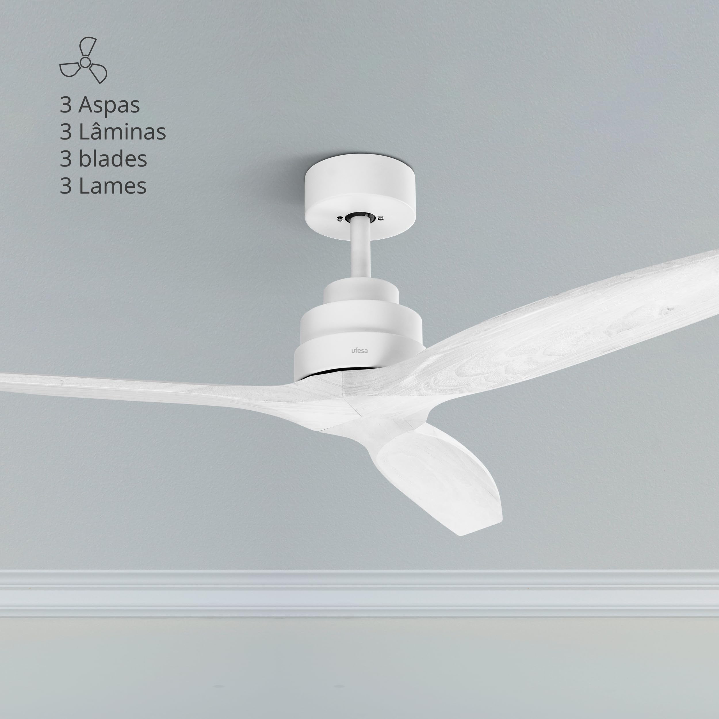 Ufesa Deckenventilator, 40W, 6 Geschwindigkeiten, Ultra Silent, 3 Naturholzflügel 132cm, Sommer - Winter Funktion, 8h Timer, Fernbedienung, Weiß