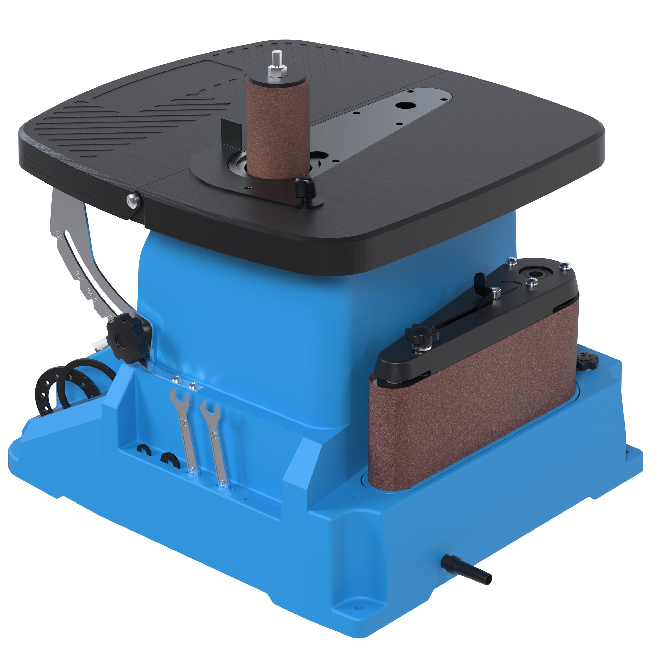 Güde Spindel-Bandschleifmaschine GSBSM 500 (230 V, 500 W, 2000 min-1 Spindeldrehzahl, 8 m/s Bandgeschw., oszillierend, 2 in 1 Gerät, werkzeuglose Umrüstung, Tisch 0-45° einstellbar, inkl. Zubehör)