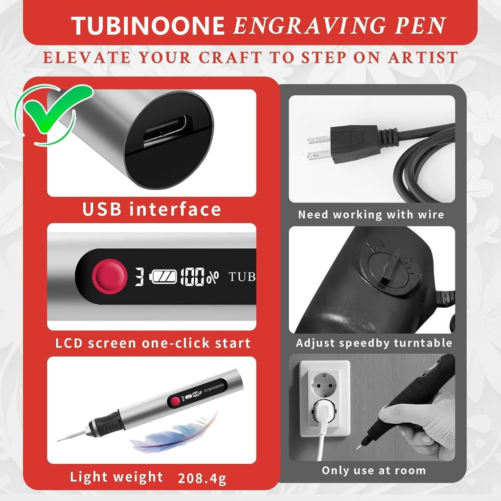TUBINOONE Gravierstift, ultimativer kabelloser tragbarer Gravierer für Künstler und Heimwerker – Gravieren Sie über 50 Oberflächen – Anfängerfreundlich – wiederaufladbar – inklusive 30 Bits &