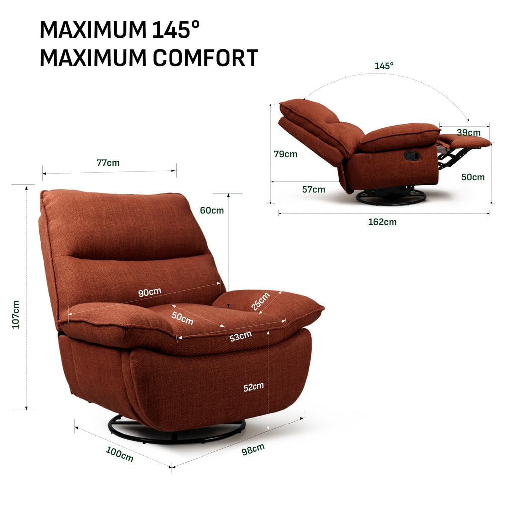 Softa Drehbarer Liegesessel, manueller Wippstuhl mit verstellbarer Beinstütze, Seitentaschen, gepolsterter Sitz und Rückenlehne, bequemes Liegesofa für Wohnzimmer, Orange