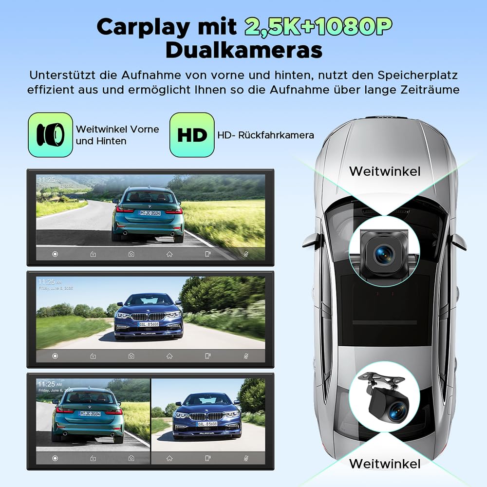 LAMTTO Wireless CarPlay Android Auto Display 10,25 Zoll In-Cell Touchscreen Car Play mit Dashcam 2.5K+1080P Sprachsteuerung Karten Navigation Bluetooth FM AUX Loop Aufnahme 64GB TF Karte