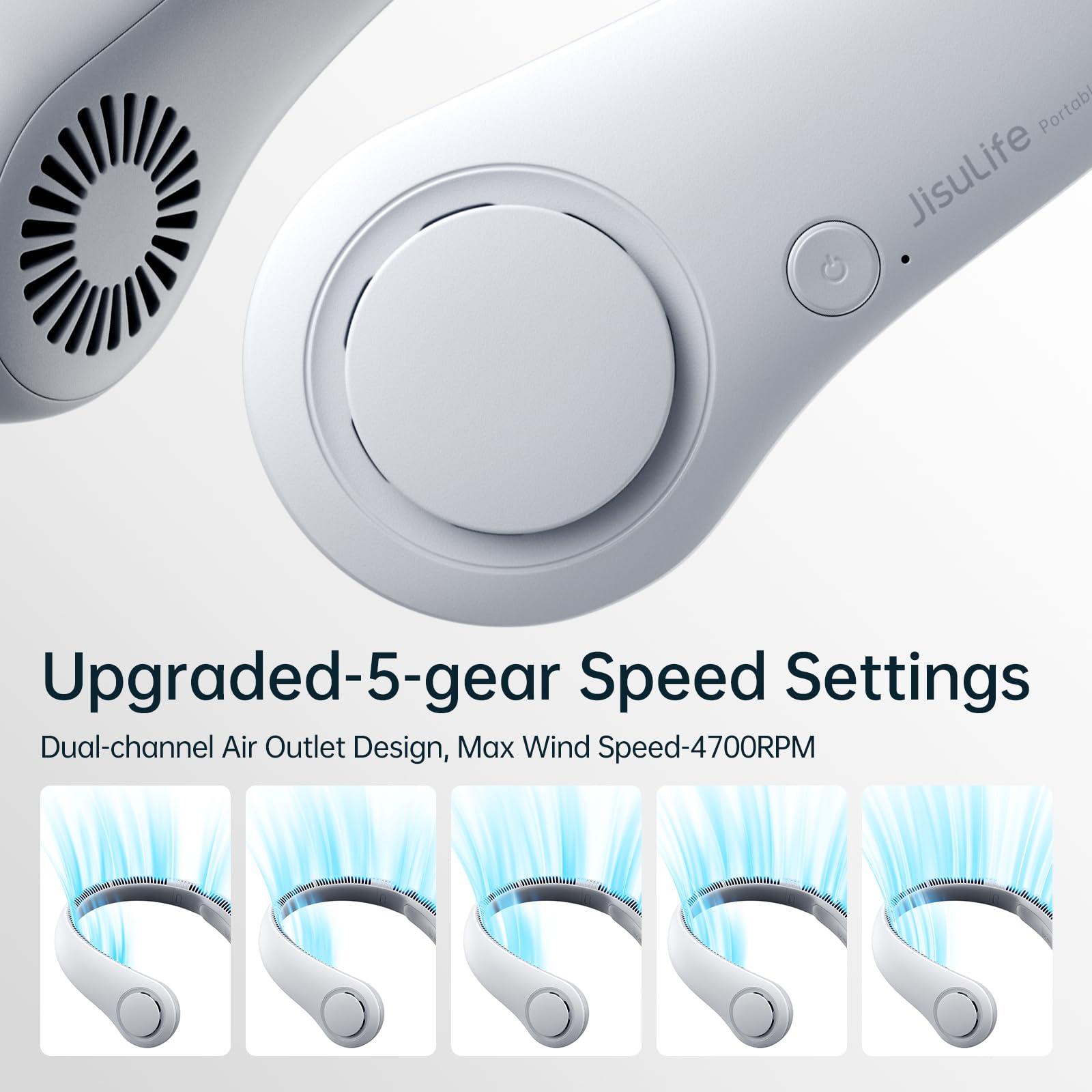 JISULIFE Tragbarer Nackenventilator, Hals-Ventilator ohne Flügel, 5 Geschwindigkeiten, 4000 mAh Batteriebetriebener tragbarer persönlicher Ventilator, Geschenk für Frauen und Männer - Grau