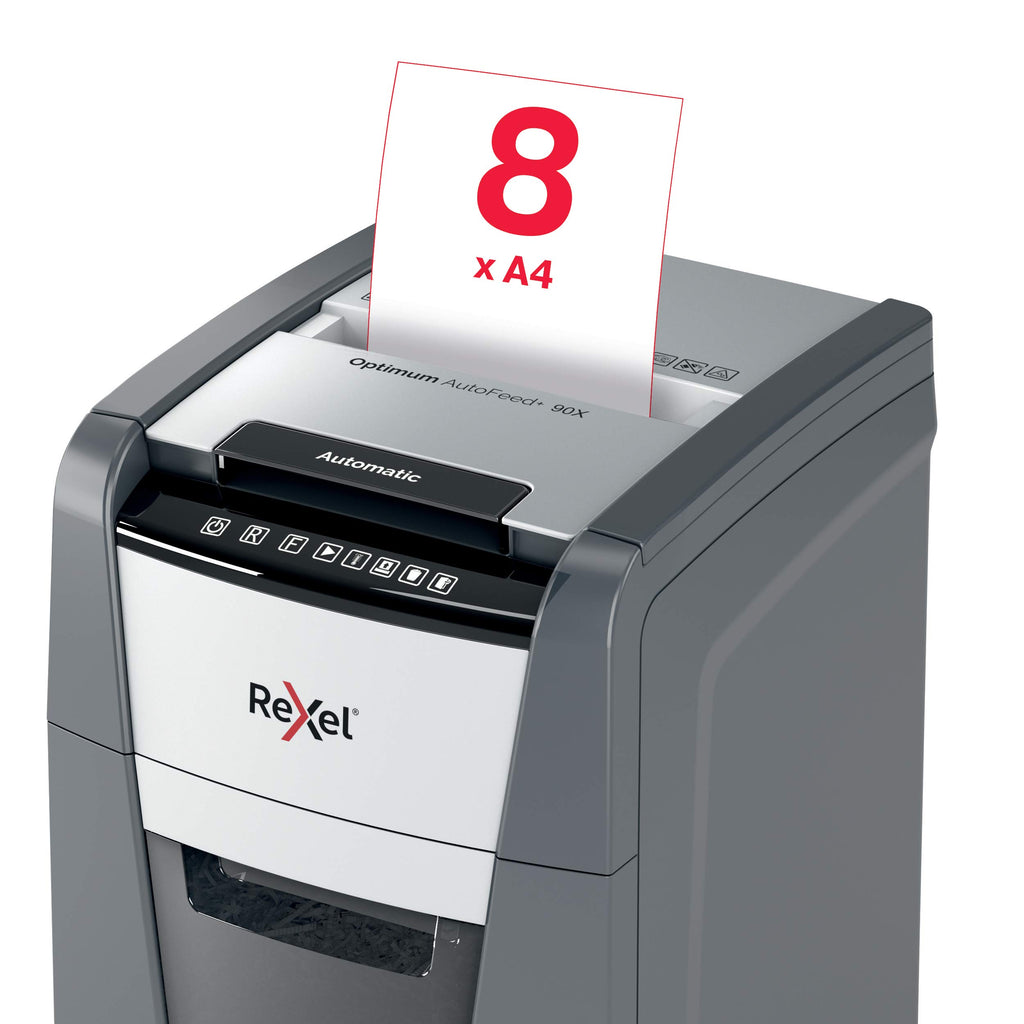 Rexel Optimum AutoFeed+ 90X Automatischer Aktenvernichter, 90 Blatt automatisch, Sicherheitsstufe P4, Partikelschnitt, für Zuhause / Home Office, 34 Liter Abfallbehälter, 2020090XEU
