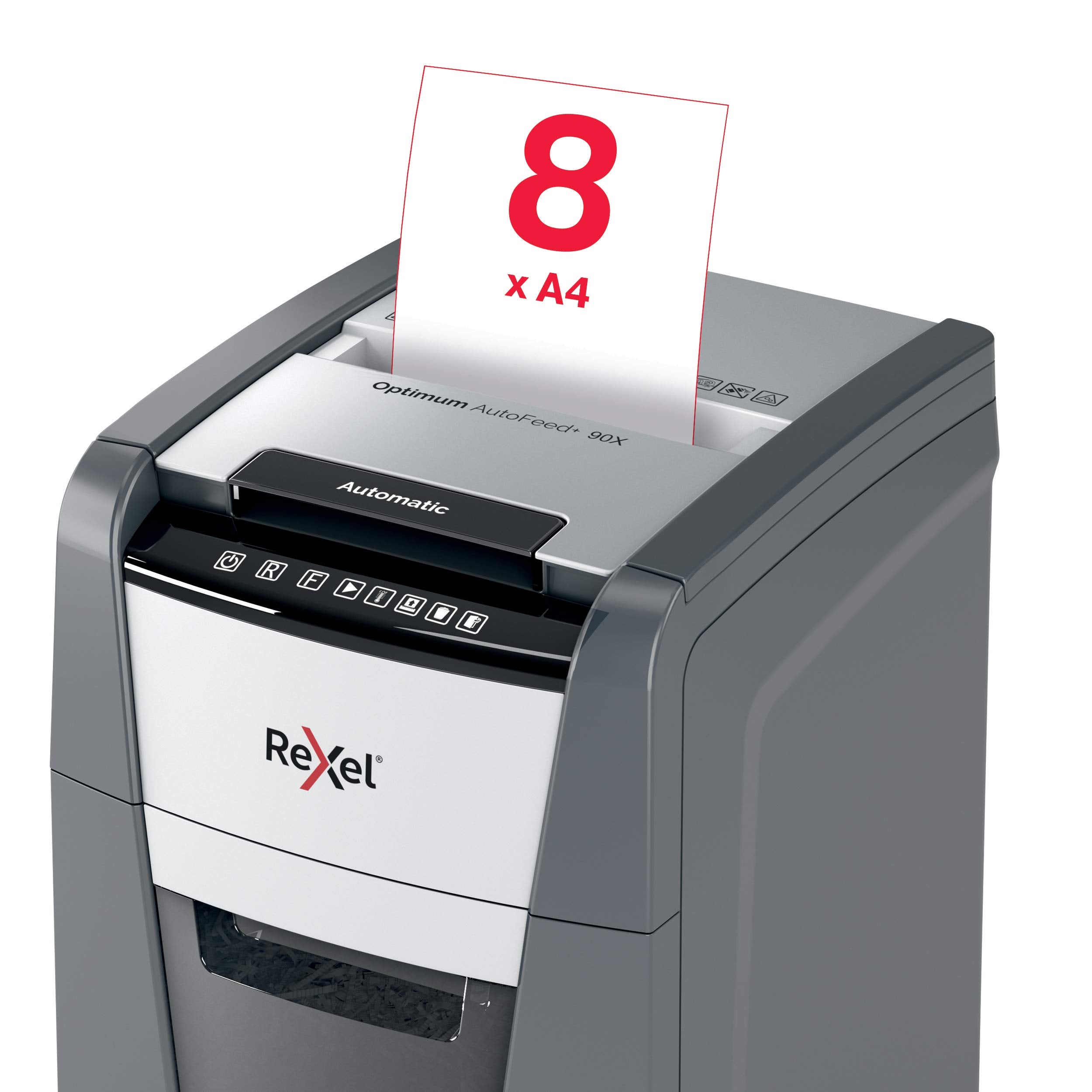 Rexel Optimum AutoFeed+ 90X Automatischer Aktenvernichter, 90 Blatt automatisch, Sicherheitsstufe P4, Partikelschnitt, für Zuhause / Home Office, 34 Liter Abfallbehälter, 2020090XEU