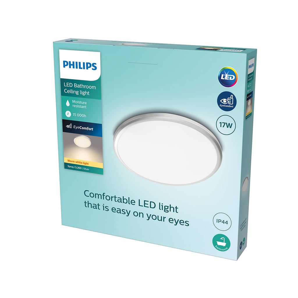Philips LED Spray Deckenleuchte (12 W), IP44 wasserbeständige Badezimmerleuchte mit warmweißem Licht, LED Beleuchtung für das Badezimmer, silberfarben, Weiß