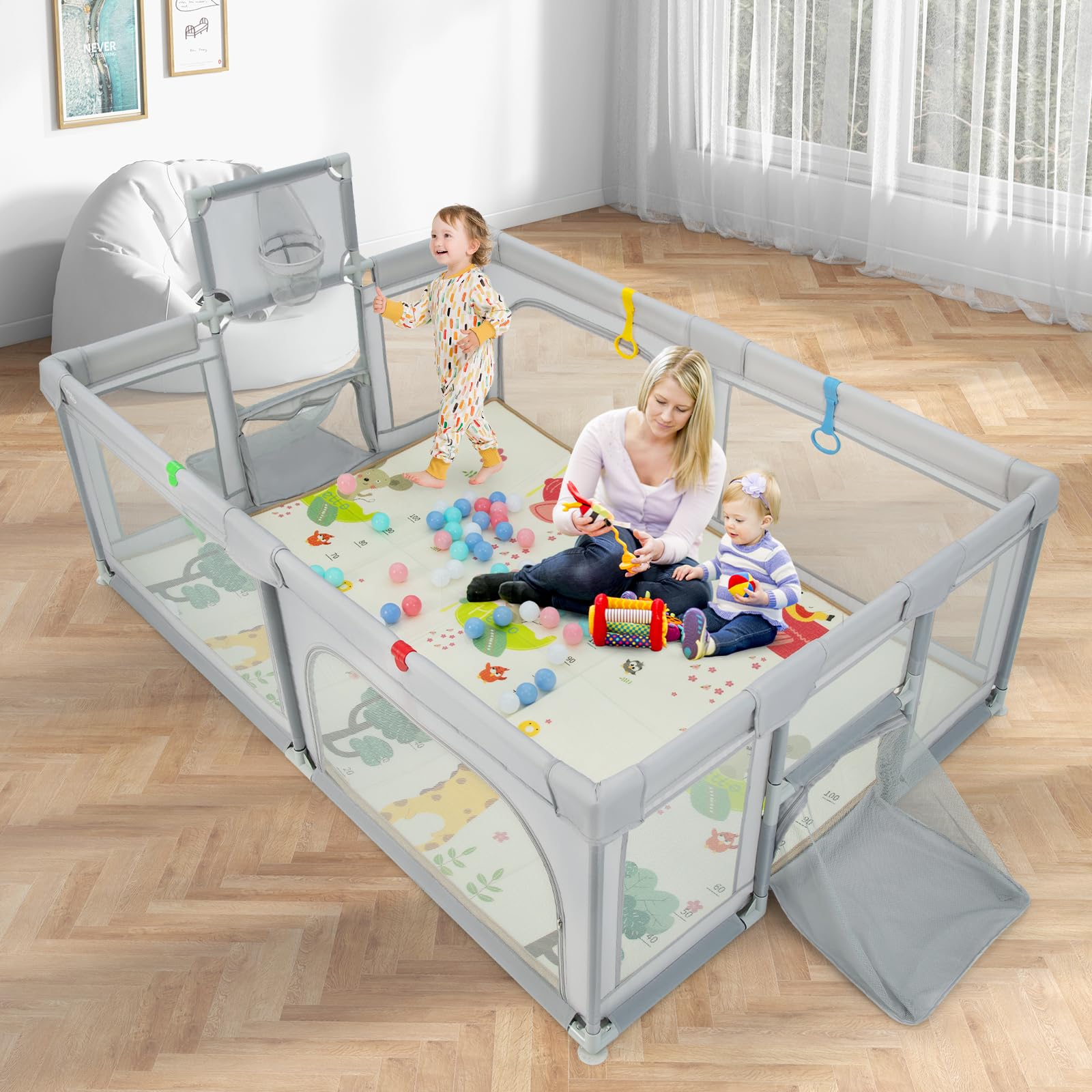 COSTWAY 188 x 157cm Laufstall Baby Faltbar, Laufgitter mit Matratze, Basketballkorb, Fußballnetzen, 50 Spielbällen, Krabbelgitter mit atmungsaktivem Netz, Tragetasche für Kleinkinder (Klein, Hellgrau)