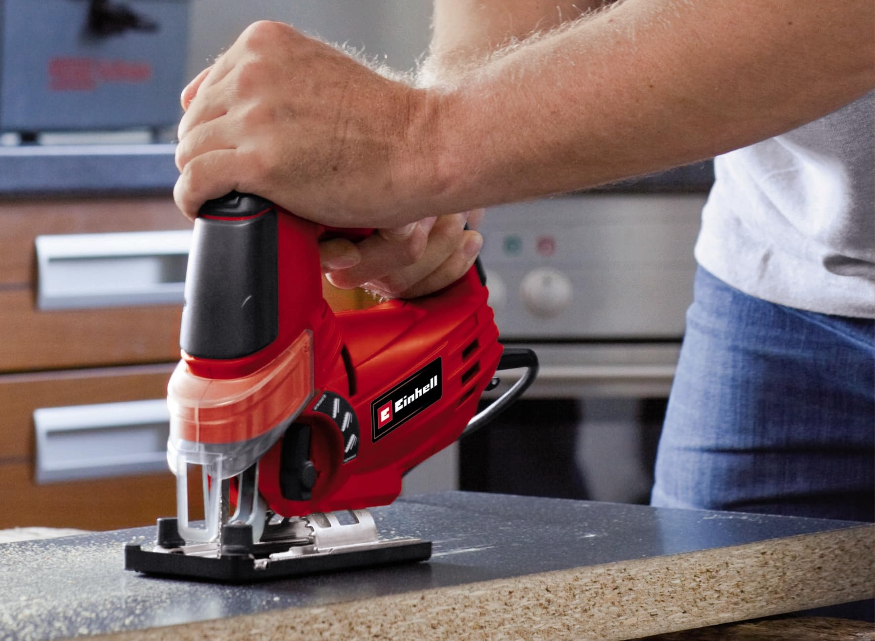 Einhell Stichsäge TC-JS 85 (620 W, max. 85 mm, 45° Schrägschnitt, Hubzahlregelung, 4-Stufen Pendelhub, Absaugadapter, Parallelanschlag)
