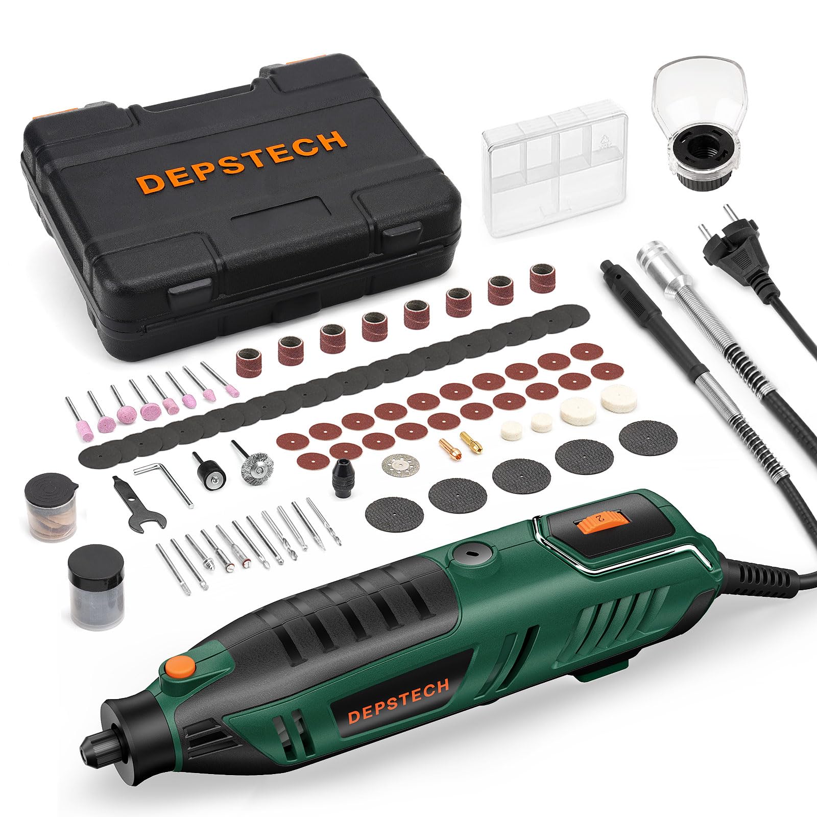 DEPSTECH Multifunktionswerkzeug 200W, Rotationswerkzeug Set mit 128 Zubehörteilen, 6 Variable Drehzahl 10.000-40.000 U/min zum Schneiden, Schleifen, Gravieren, Polieren, Schärfen, Reinigen, Schnitzen