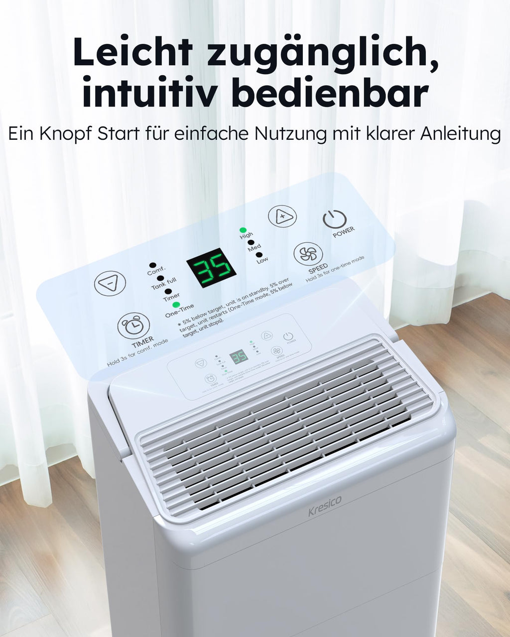 Kresico Luftentfeuchter elektrisch 20L, Entfeuchter elektrisch, Luftentfeuchter Keller für Räume bis zu 150m³/50m², Raumentfeuchter elektrisch 39dB mit Ablaufschlauch, Filter, Timer, 10 J. Gar.