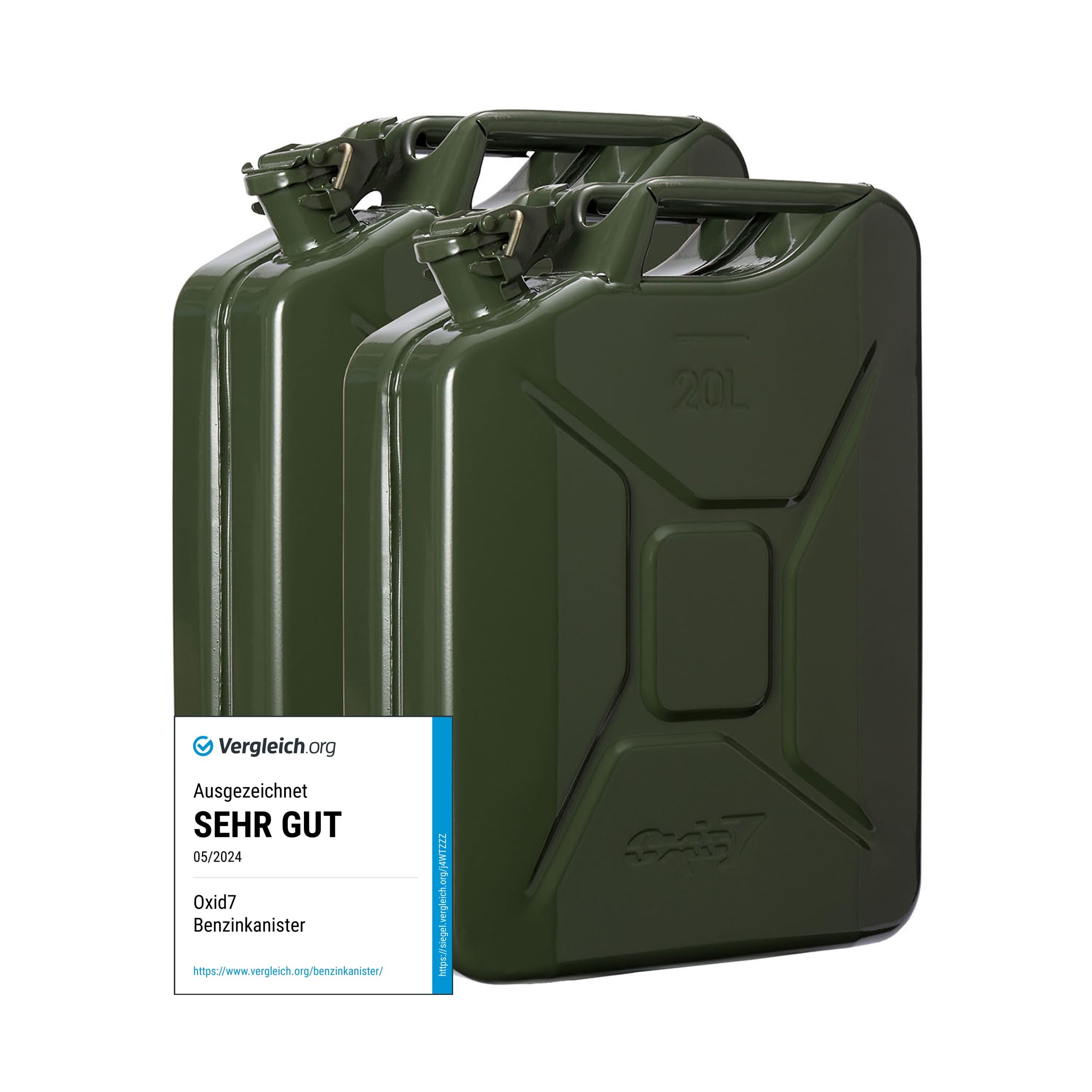 Oxid7 2x Kraftstoffkanister 20 Liter aus Metall olivgrün | Benzin, Diesel & Bio-Ethanol geeignet | 20L Benzin-Kanister mit UN-Zulassung & Bauart geprüft