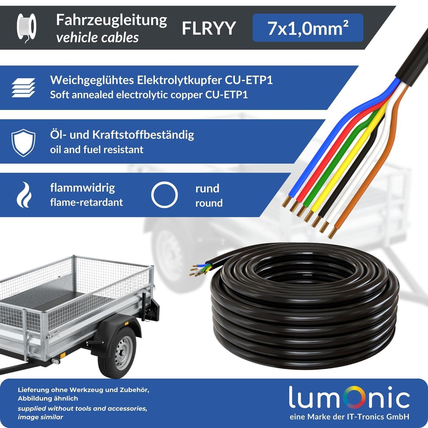Lumonic 10m FLRYY Fahrzeugleitung 7x1mm² schwarz | 7-adrig | Anhängerkabel | mehradriges KFZ-Kabel | Öl- und Kraftstoffbeständig, flammwidrig | Niedervolt