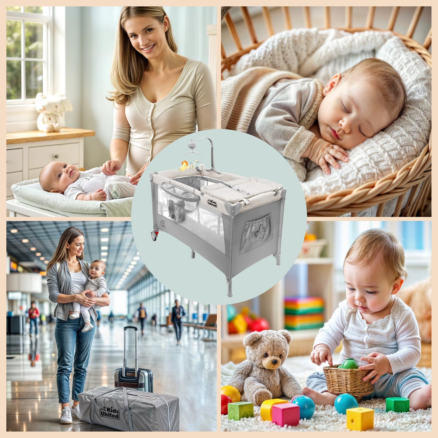 all Kids United® Baby Reisebett Babybett - Babycenter Kinderreisebett Kinderbett mit Matratze, Wickelauflage, Musikspiel und Mobile (Grau)
