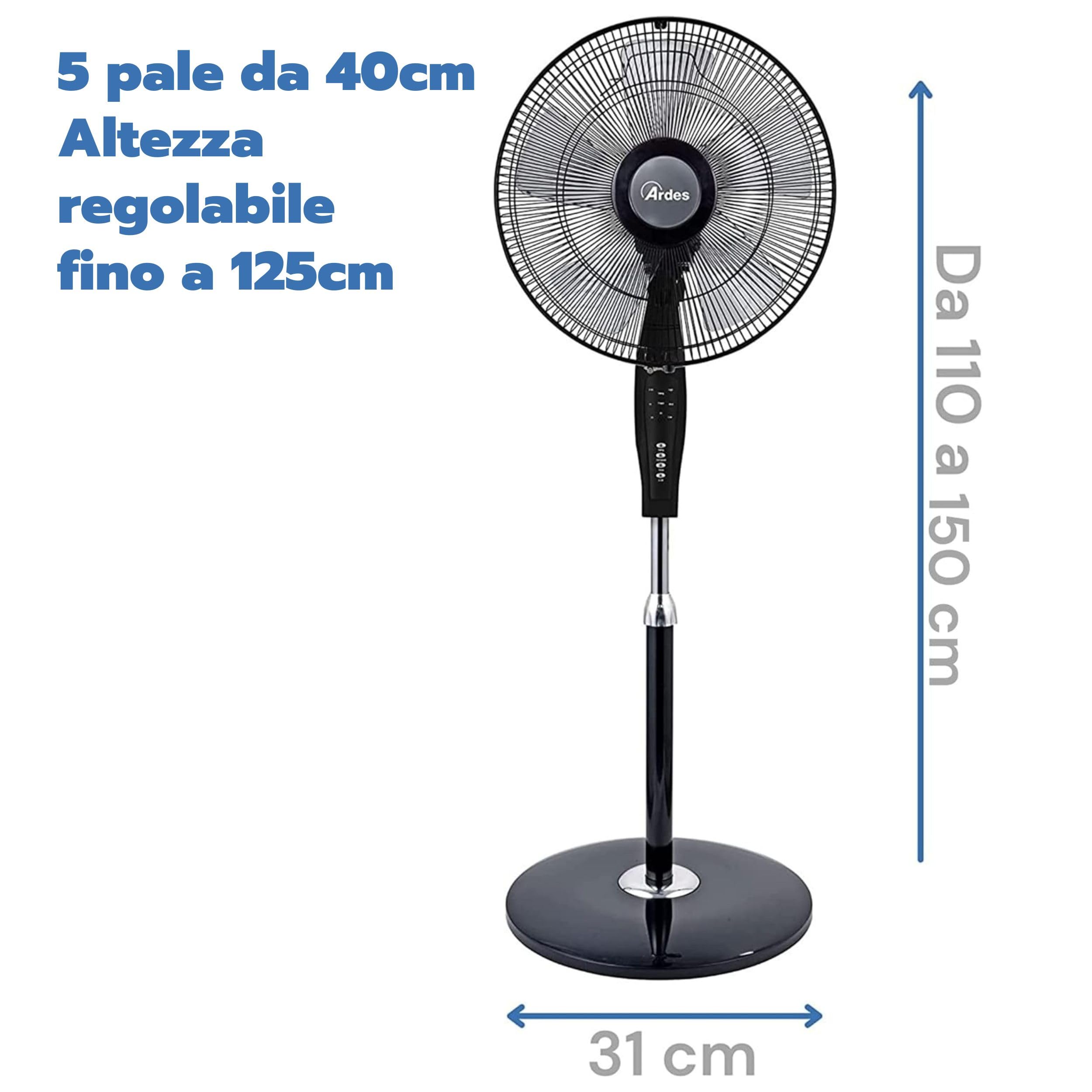 ARDES - AR5S40PBR Standventilator, mit Fernbedienung und Timer, leise und leistungsstark, 5 Flügel, 40 cm, oszillierend, mit verstellbarer Höhe und Neigung, 3 Geschwindigkeitsstufen