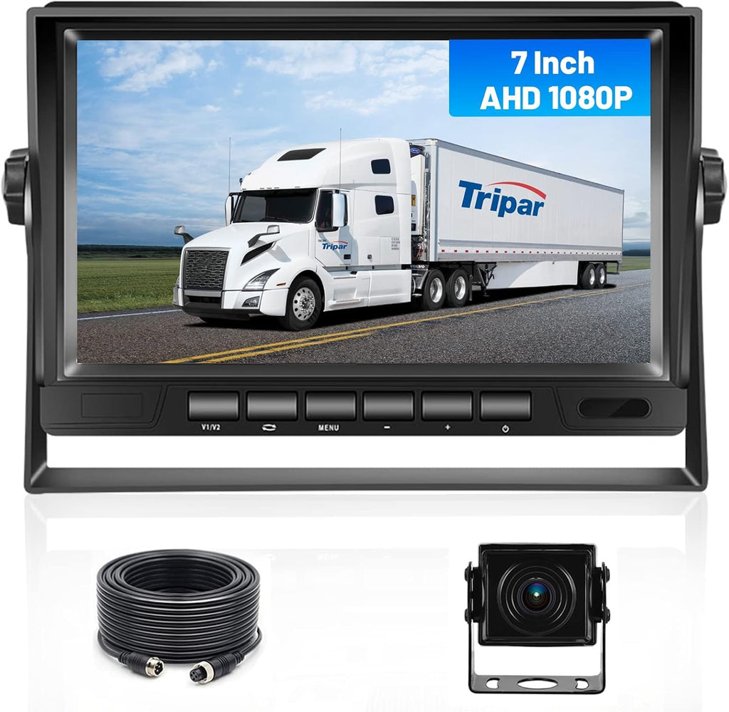 Hikity AHD Rückfahrkamera Kit mit 7 Zoll Rear View Monitor, 12-24V Kabel Rückfahrkameras Set mit P68 Wasserdichter IR Nachtsich Auto Rückfahrkamera 4Pin 15M für Kfz, SUV, Van, Campingbus, Anhänger
