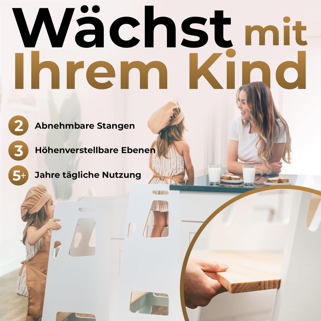 BEY & CO® Lernturm/Entdeckerturm aus Holz – Küchenhelfer für Kinder – 3-Fach höhenverstellbar, mit Rutschfester Oberfläche und kippsicheren Füßen - Montessori-Methode - Ab 12 Monaten (Weiß)