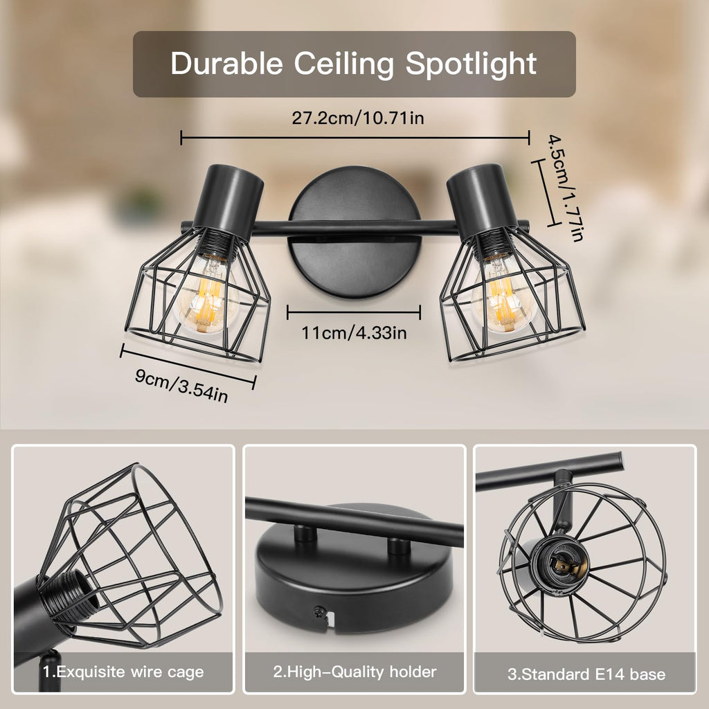 Dehobo Led Deckenstrahler Schwenkbar 350° - Deckenleuchte E14 2 Flammig Rund - Deckenlampe Spots Led Schwarz - Küchenlampe Wohnzimmerlampe Deckenspot Schlafzimmer