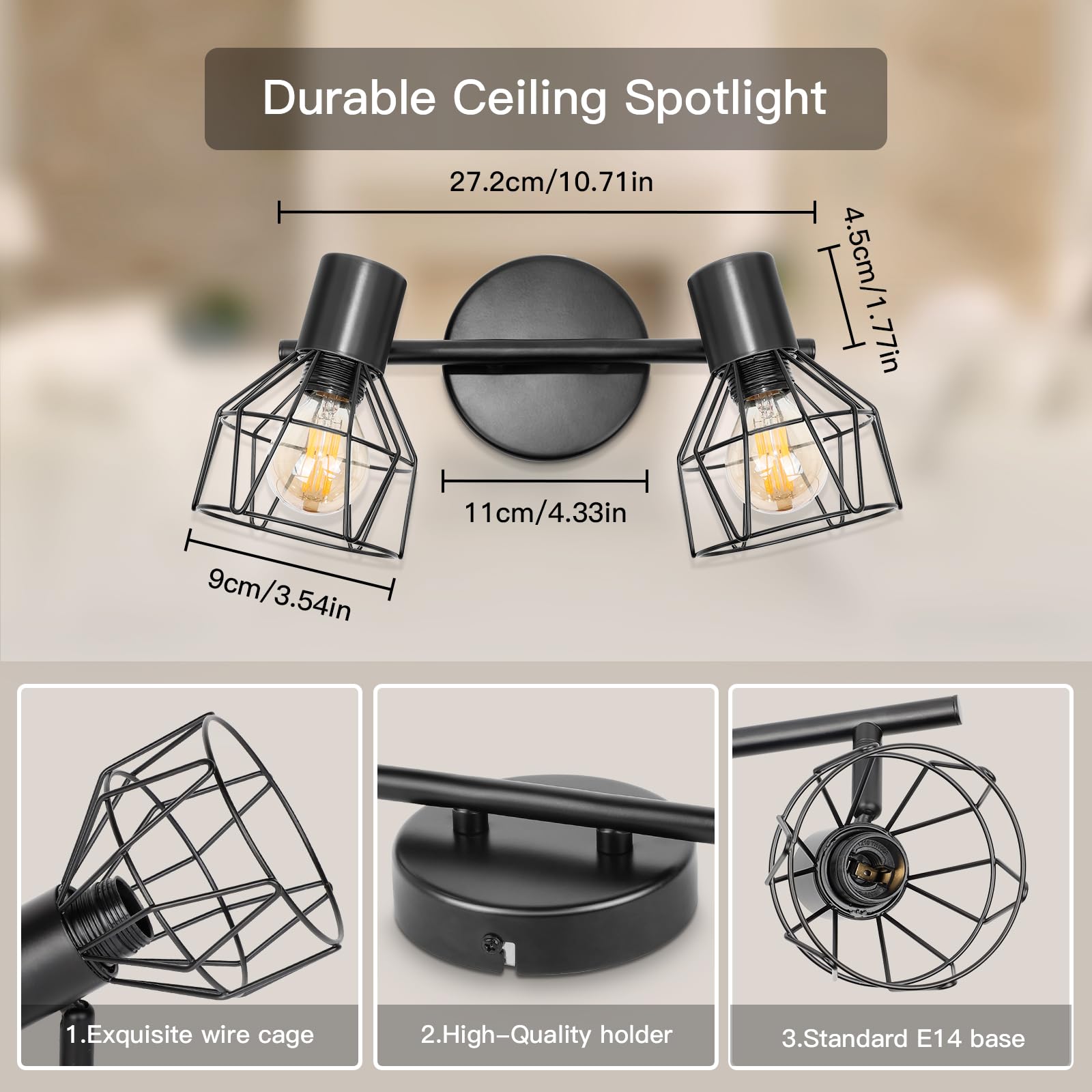 Dehobo Led Deckenstrahler Schwenkbar 350° - Deckenleuchte E14 2 Flammig Rund - Deckenlampe Spots Led Schwarz - Küchenlampe Wohnzimmerlampe Deckenspot Schlafzimmer