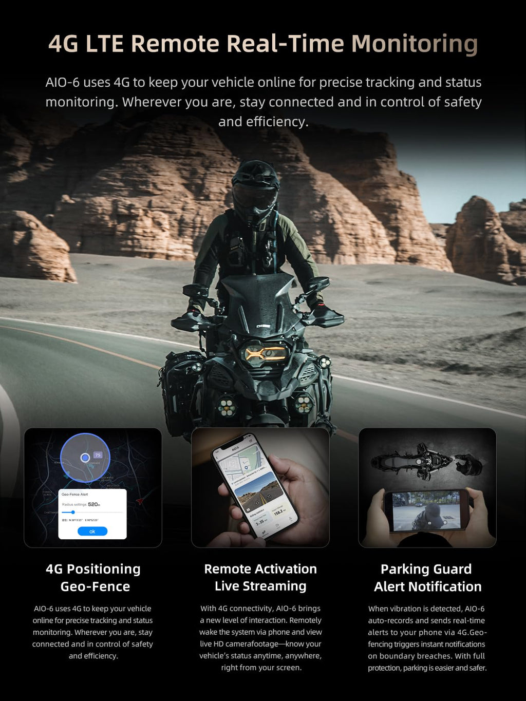 CHIGEE AIO-6 LTE 4G Motorcycle GPS Navigation with 6 inch Display, Motorcycle Carplay Android Auto, Real-time alerts, Electronic Fence,IP9X Waterproof