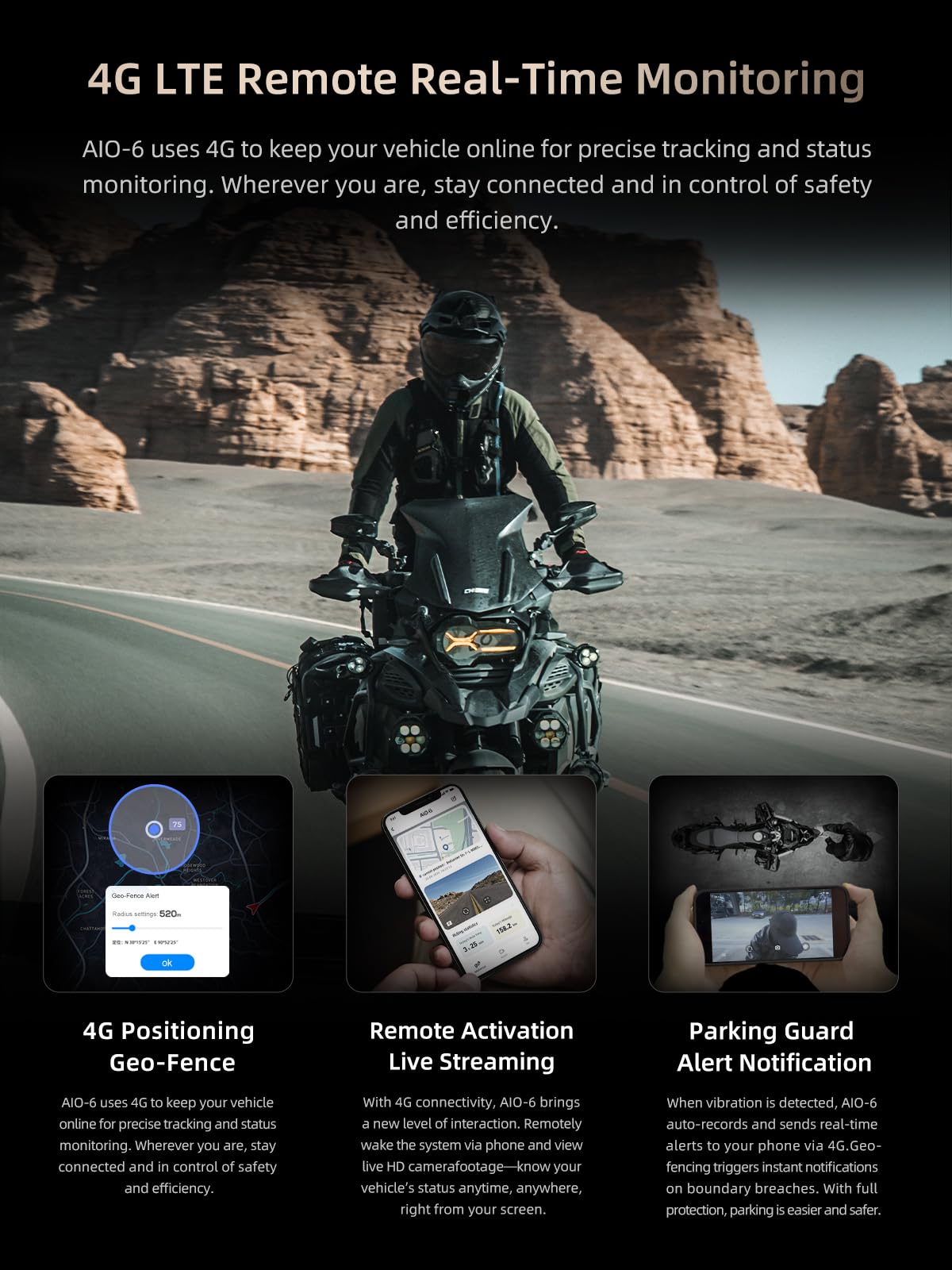 CHIGEE AIO-6 LTE 4G Motorcycle GPS Navigation with 6 inch Display, Motorcycle Carplay Android Auto, Real-time alerts, Electronic Fence,IP9X Waterproof
