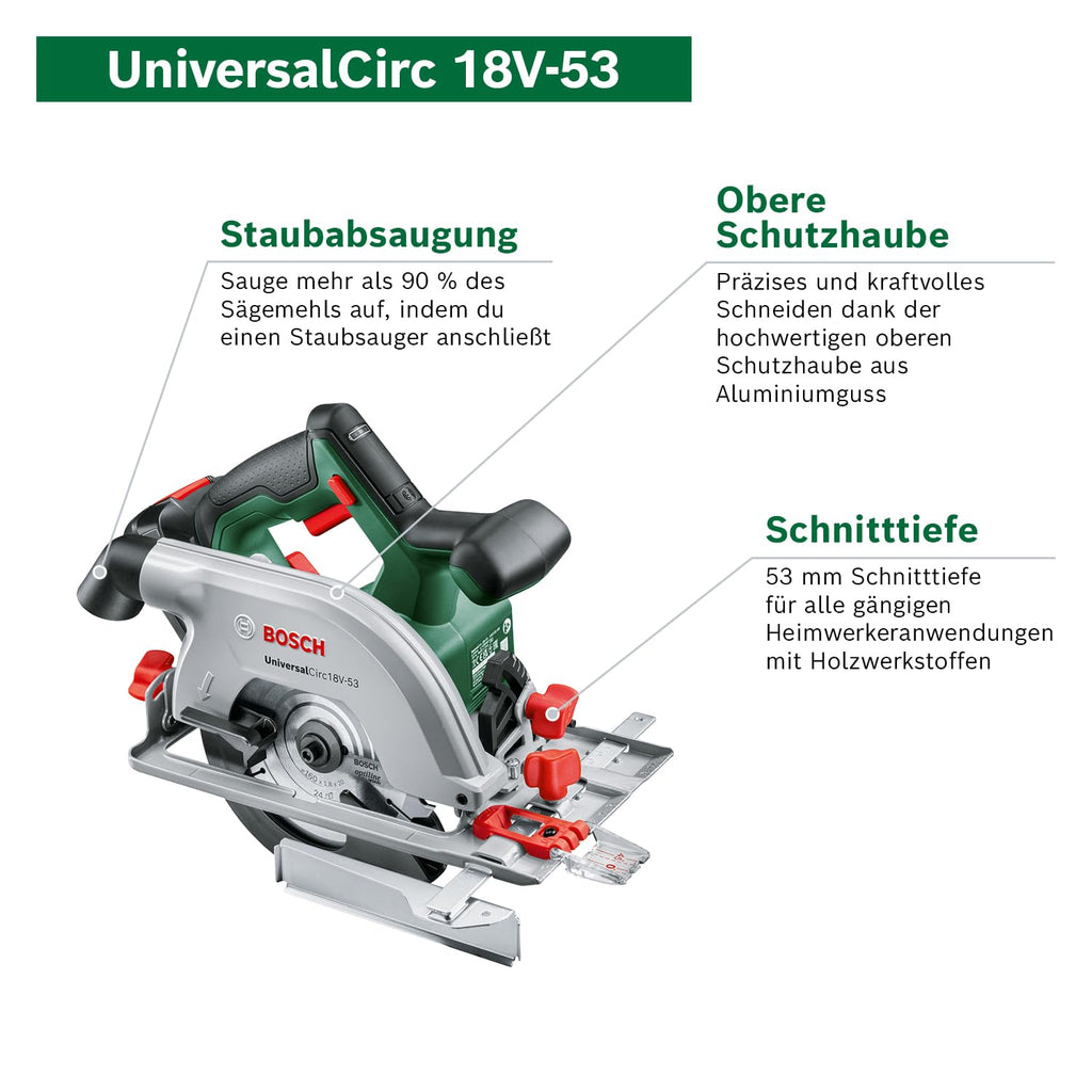 Bosch Akku-Kreissäge UniversalCirc 18V-53 (Präzises Sägen in Holz; max. Schnitttiefe 53 mm; 18 Volt System; 1x 2,5Ah Akku und Ladegerät)
