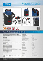Güde 58580 Akku Aschesauger AS 18-201-05 (18V, max. Unterdruck: 80 mbar, Schlauchlänge: 1 m, Behältervolumen: 15 l, Schlauchdurchmesser: 30 mm, inkl. HEPA-Filter und 2,0 Ah Akkupack mit Ladegerät)