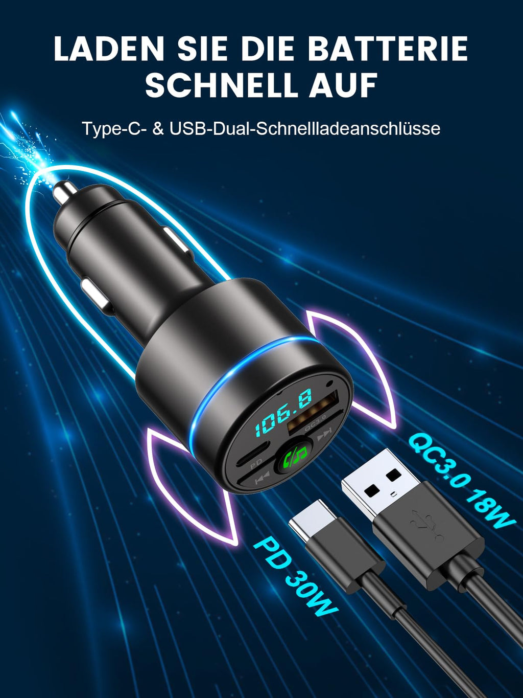 Mohard Bluetooth Adapter Auto, Ganzmetall FM Transmitter Auto Bluetooth mit PD 30W & QC3.0 18W Schnellladung, Freisprechanlage Bluetooth5.3, Rauschunterdrückung Mikrofon, Ringlicht