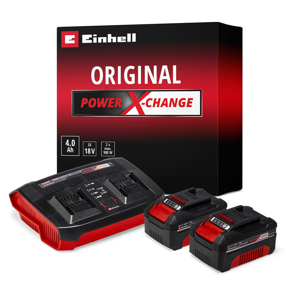 Einhell 4512112 Original Starter Kit 2X 4,0 Ah Akkus und Twincharger Power X-Change (Li-Ion, 18 V, 75 min Ladezeit, passend für alle Geräte), 2.21 x 1.85 x 0.77 cm